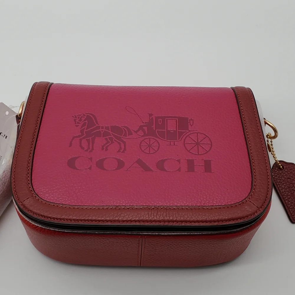 Coach Saddle with Horse & Carriage Leather Crossbody Colorblock Pink Ra - Picture 2 of 16